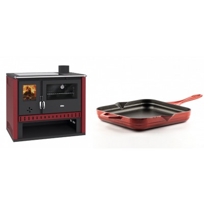 Set Küchenofen / Küchenhexe Prity GT Rot, mit Glaskeramik-Kochfeld, Leistung 15 kW + Emaillierte Gusseisenpfanne Solagio, Rubin, 28x28cm - Kaminofen - Holzofen mit Backfach