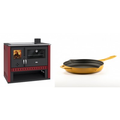 Set Küchenofen / Küchenhexe Prity GT Rot, mit Glaskeramik-Kochfeld, Leistung 15 kW + Emaillierte Gusseisenpfanne Solagio, Dijon, Ф24cm - Kaminofen - Holzofen mit Backfach