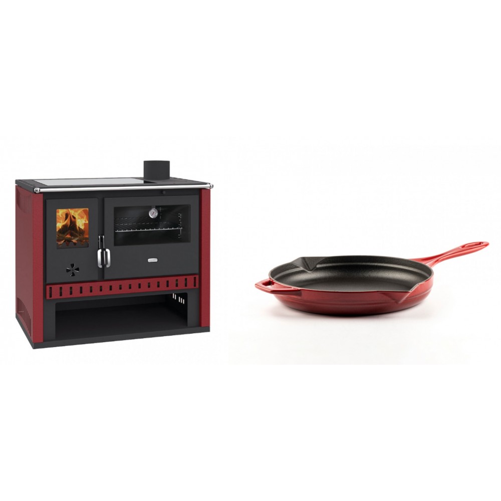 Set Küchenofen / Küchenhexe Prity GT Rot, mit Glaskeramik-Kochfeld, Leistung 15 kW + Emaillierte Gusseisenpfanne Solagio, Rubin, Ф24cm