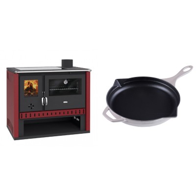 Set Küchenofen / Küchenhexe Prity GT Rot, mit Glaskeramik-Kochfeld, Leistung 15 kW + Emaillierte Gusseisenpfanne Solagio, Ivory, Ф28cm - Kaminofen - Holzofen mit Backfach