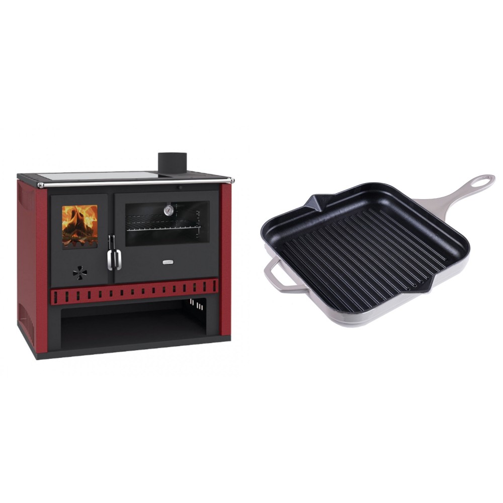 Set Küchenofen / Küchenhexe Prity GT Rot, mit Glaskeramik-Kochfeld, Leistung 15 kW + Emaillierte grillpfanne Gusseisen Solagio, Ivory, 28x28cm | Kaminofen - Holzofen mit Backfach | Kaminofen |