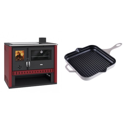 Set Küchenofen / Küchenhexe Prity GT Rot, mit Glaskeramik-Kochfeld, Leistung 15 kW + Emaillierte grillpfanne Gusseisen Solagio, Ivory, 28x28cm - Kaminofen - Holzofen mit Backfach