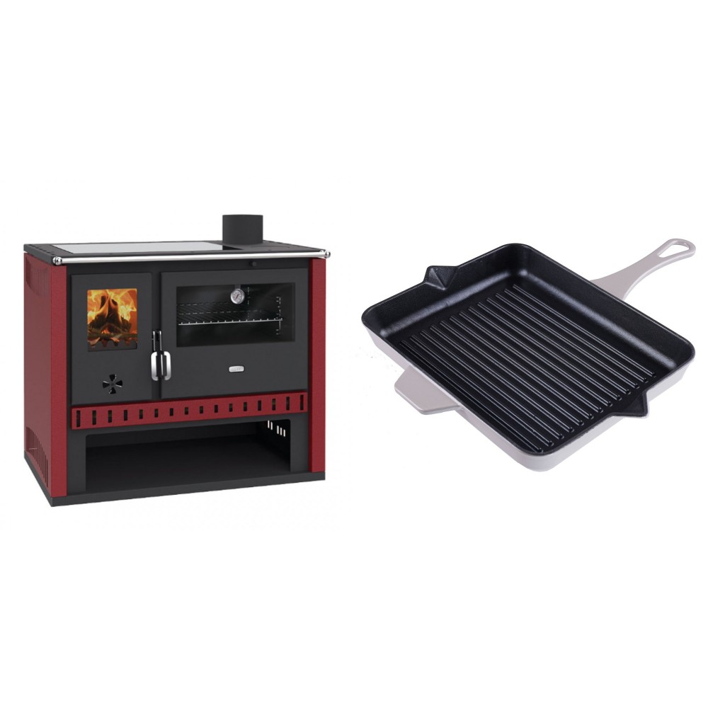 Set Küchenofen / Küchenhexe Prity GT Rot, mit Glaskeramik-Kochfeld, Leistung 15 kW + Emaillierte grillpfanne Gusseisen Solagio, Ivory, 26x32cm | Kaminofen - Holzofen mit Backfach | Kaminofen |