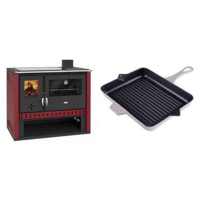 Set Küchenofen / Küchenhexe Prity GT Rot, mit Glaskeramik-Kochfeld, Leistung 15 kW + Emaillierte grillpfanne Gusseisen Solagio, Ivory, 26x32cm - Kaminofen - Holzofen mit Backfach