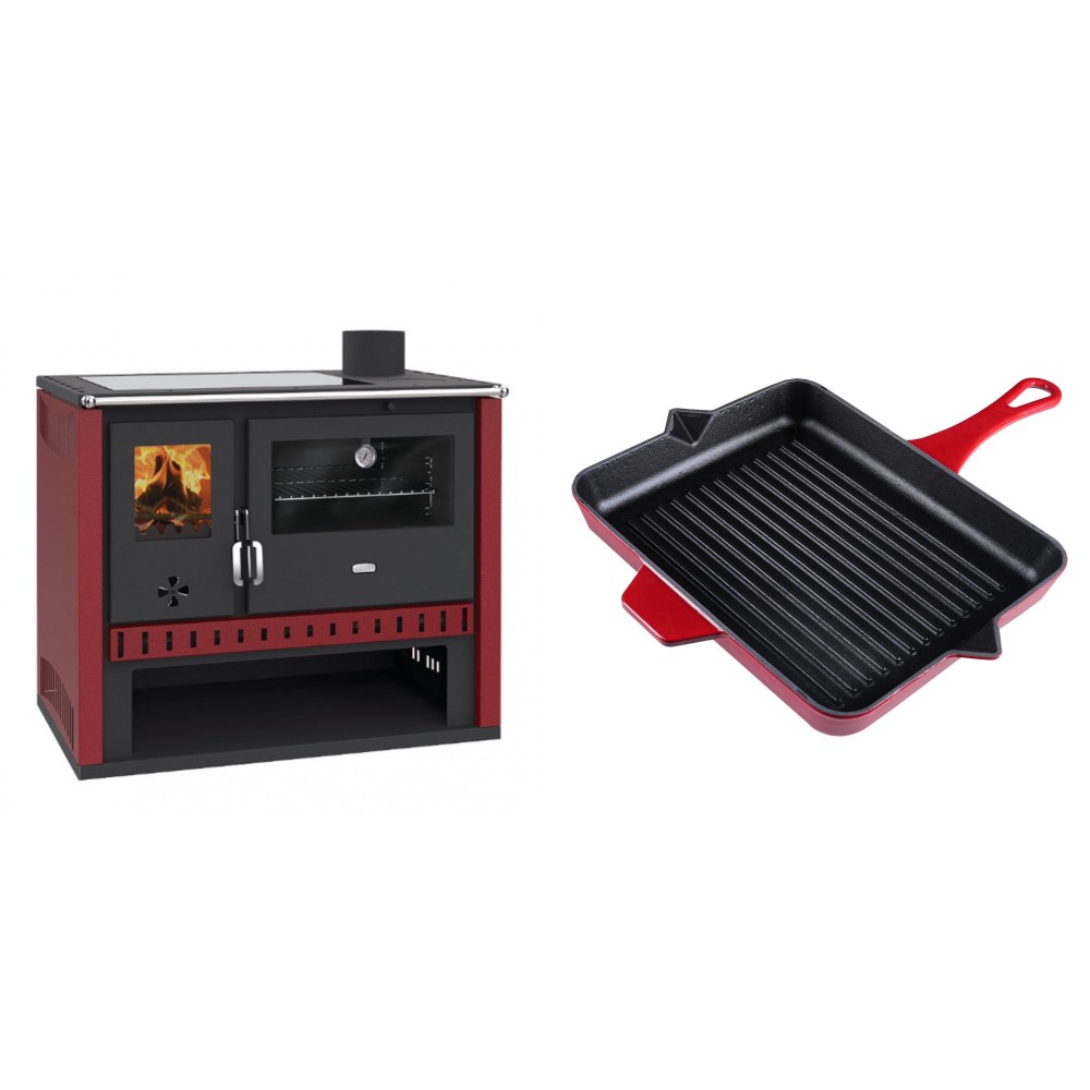 Set Küchenofen / Küchenhexe Prity GT Rot, mit Glaskeramik-Kochfeld, Leistung 15 kW + Emaillierte grillpfanne Gusseisen Solagio, Rubin, 26x32cm