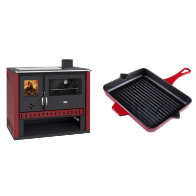 Set Küchenofen / Küchenhexe Prity GT Rot, mit Glaskeramik-Kochfeld, Leistung 15 kW + Emaillierte grillpfanne Gusseisen Solagio, Rubin, 26x32cm - Kaminofen - Holzofen mit Backfach
