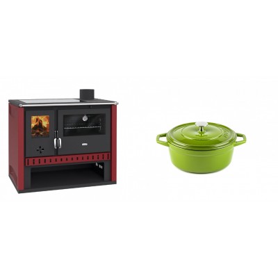 Set Küchenofen / Küchenhexe Prity GT Rot, mit Glaskeramik-Kochfeld, Leistung 15 kW + Gusseisen Topf Tiefer Solagio, Bamboo, Ф12 - Kaminofen - Holzofen mit Backfach