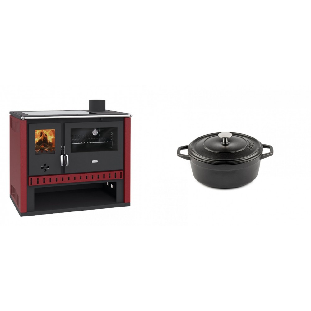 Set Küchenofen / Küchenhexe Prity GT Rot, mit Glaskeramik-Kochfeld, Leistung 15 kW + Gusseisen Topf Tiefer Solagio, Black Onyx, Ф12