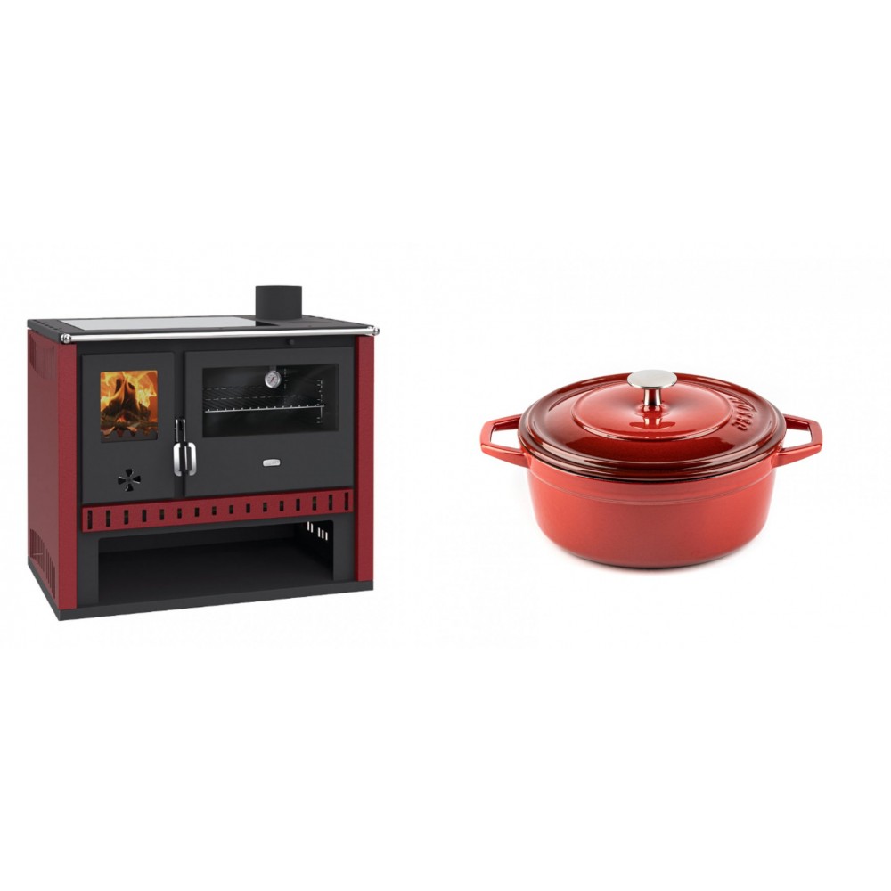 Set Küchenofen / Küchenhexe Prity GT Rot, mit Glaskeramik-Kochfeld, Leistung 15 kW + Gusseisen Topf Tiefer Solagio, Rubin, Ф20 | Kaminofen - Holzofen mit Backfach | Kaminofen |