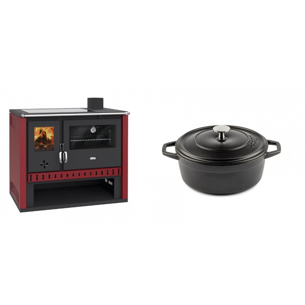 Set Küchenofen / Küchenhexe Prity GT Rot, mit Glaskeramik-Kochfeld, Leistung 15 kW + Gusseisen Topf Tiefer Solagio, Black Onyx, Ф20