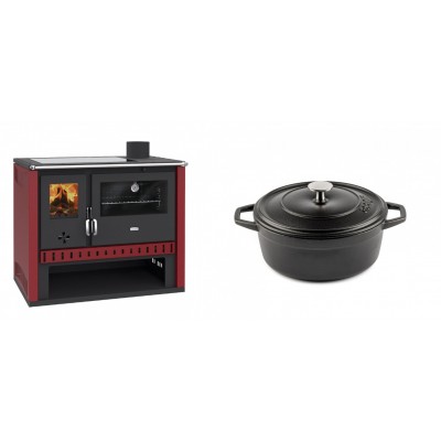 Set Küchenofen / Küchenhexe Prity GT Rot, mit Glaskeramik-Kochfeld, Leistung 15 kW + Gusseisen Topf Tiefer Solagio, Black Onyx, Ф20 - Kaminofen - Holzofen mit Backfach