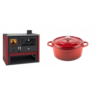 Set Küchenofen / Küchenhexe Prity GT Rot, mit Glaskeramik-Kochfeld, Leistung 15 kW + Gusseisen Topf Tiefer Solagio, Rubin, Ф24 - Kaminofen - Holzofen mit Backfach