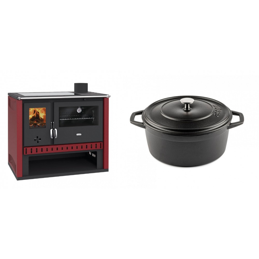 Set Küchenofen / Küchenhexe Prity GT Rot, mit Glaskeramik-Kochfeld, Leistung 15 kW + Gusseisen Topf Tiefer Solagio, Black Onyx, Ф24 | Kaminofen - Holzofen mit Backfach | Kaminofen |