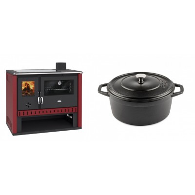 Set Küchenofen / Küchenhexe Prity GT Rot, mit Glaskeramik-Kochfeld, Leistung 15 kW + Gusseisen Topf Tiefer Solagio, Black Onyx, Ф24 - Kaminofen - Holzofen mit Backfach