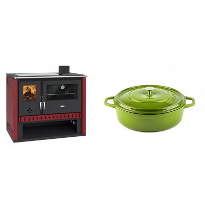 Set Küchenofen / Küchenhexe Prity GT Rot, mit Glaskeramik-Kochfeld, Leistung 15 kW + Gusseisen Topf Flach Solagio, Bamboo, Ф26 - Kaminofen - Holzofen mit Backfach