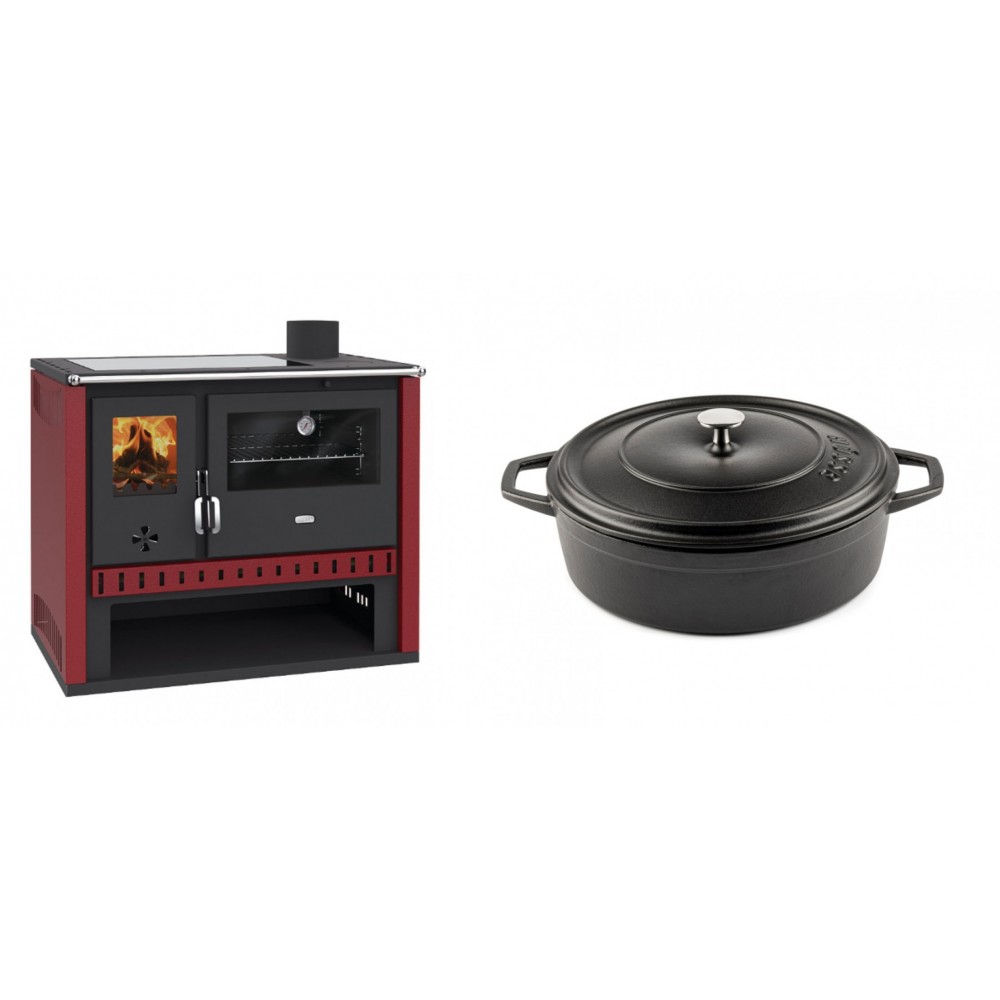 Set Küchenofen / Küchenhexe Prity GT Rot, mit Glaskeramik-Kochfeld, Leistung 15 kW + Gusseisen Topf Flach Solagio, Black Onyx, Ф26 | Kaminofen - Holzofen mit Backfach | Kaminofen |