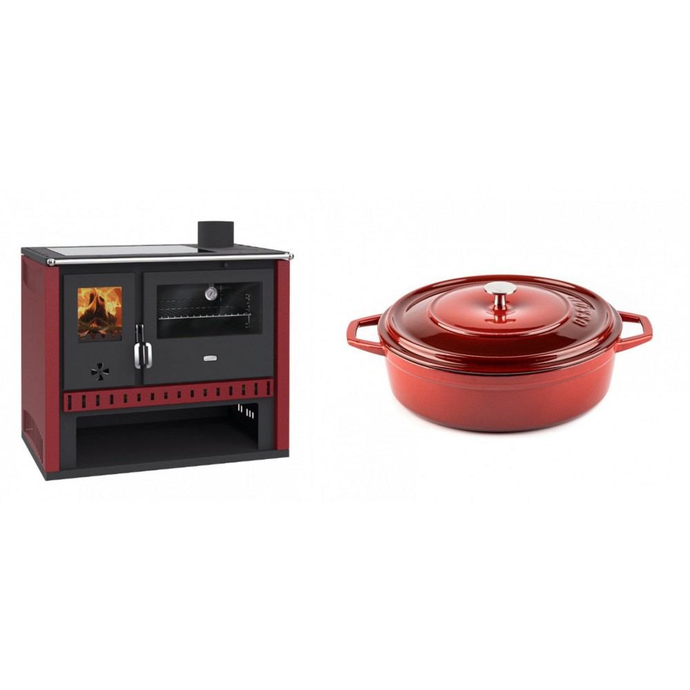 Set Küchenofen / Küchenhexe Prity GT Rot, mit Glaskeramik-Kochfeld, Leistung 15 kW + Gusseisen Topf Flach Solagio, Rubin, Ф26