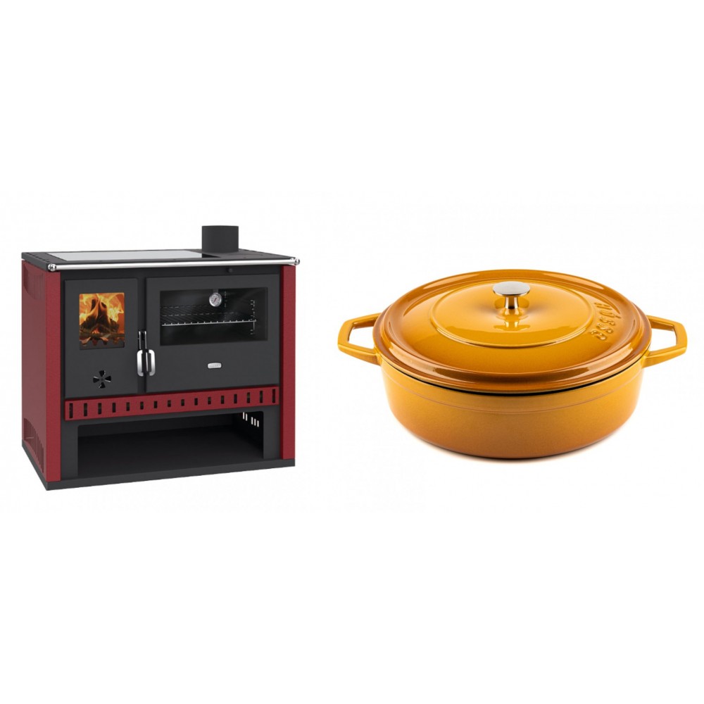 Set Küchenofen / Küchenhexe Prity GT Rot, mit Glaskeramik-Kochfeld, Leistung 15 kW + Gusseisen Topf Flach Solagio, Dijon, Ф28 | Kaminofen - Holzofen mit Backfach | Kaminofen |