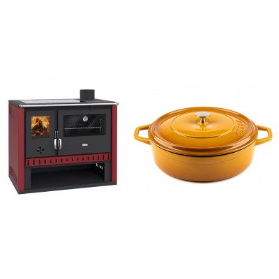 Set Küchenofen / Küchenhexe Prity GT Rot, mit Glaskeramik-Kochfeld, Leistung 15 kW + Gusseisen Topf Flach Solagio, Dijon, Ф28 - Kaminofen - Holzofen mit Backfach