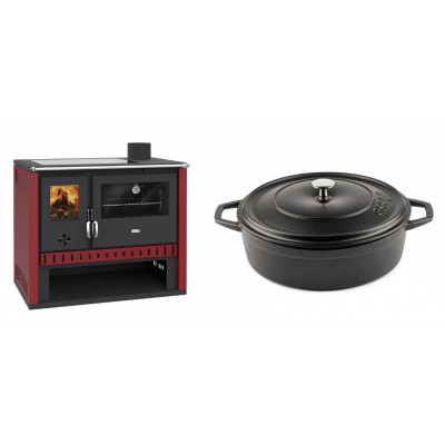 Set Küchenofen / Küchenhexe Prity GT Rot, mit Glaskeramik-Kochfeld, Leistung 15 kW + Gusseisen Topf Flach Solagio, Black Onyx, Ф28 - Kaminofen - Holzofen mit Backfach