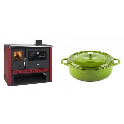 Set Küchenofen / Küchenhexe Prity GT Rot, mit Glaskeramik-Kochfeld, Leistung 15 kW + Gusseisen Topf Flach Solagio, Bamboo, Ф28 - Kaminofen - Holzofen mit Backfach