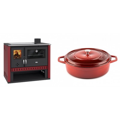 Set Küchenofen / Küchenhexe Prity GT Rot, mit Glaskeramik-Kochfeld, Leistung 15 kW + Gusseisen Topf Flach Solagio, Rubin, Ф28 - Kaminofen - Holzofen mit Backfach