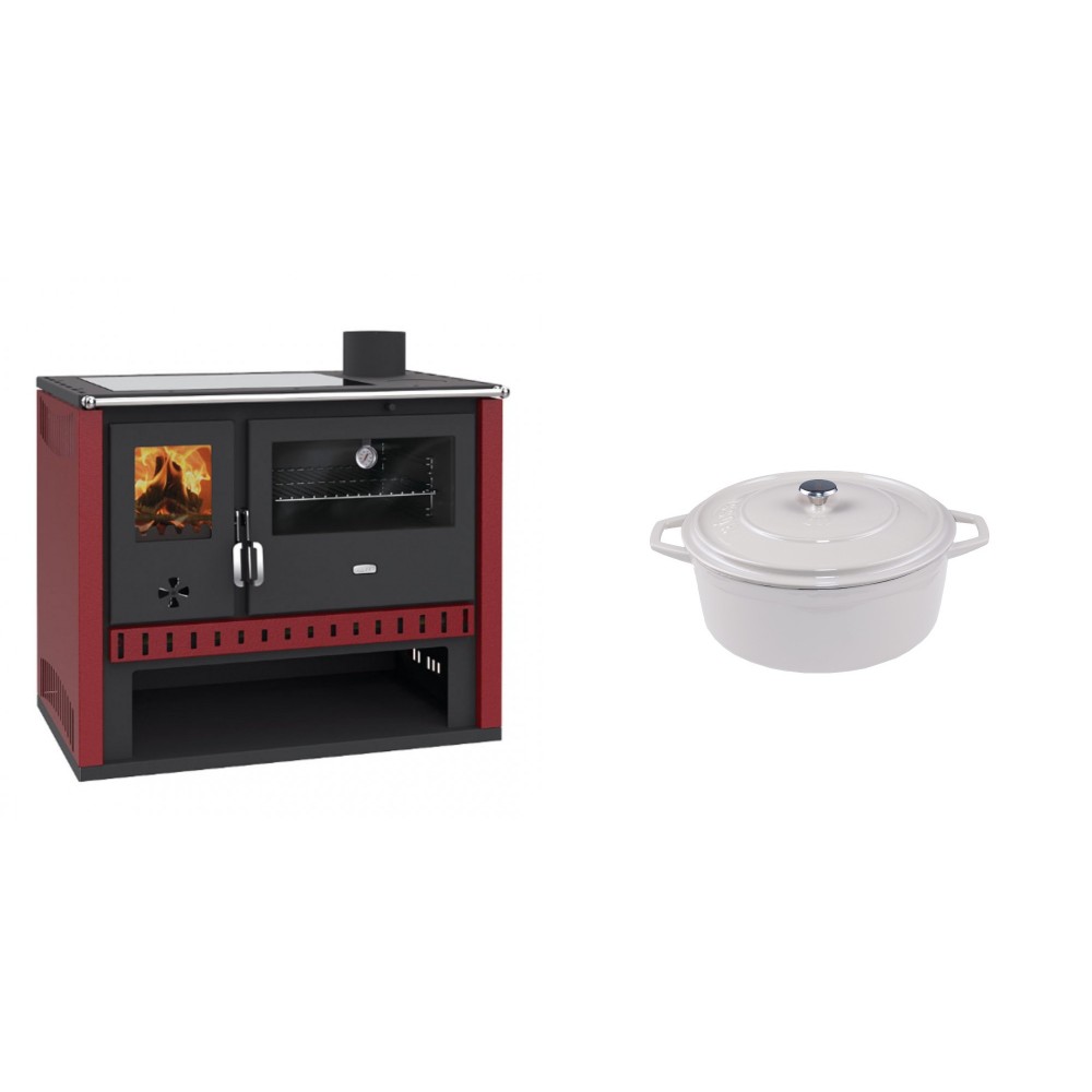 Set Küchenofen / Küchenhexe Prity GT Rot, mit Glaskeramik-Kochfeld, Leistung 15 kW + Gusseisen Topf Tiefer Solagio, Ivory, Ф12