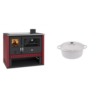 Set Küchenofen / Küchenhexe Prity GT Rot, mit Glaskeramik-Kochfeld, Leistung 15 kW + Gusseisen Topf Tiefer Solagio, Ivory, Ф12 - Kaminofen - Holzofen mit Backfach