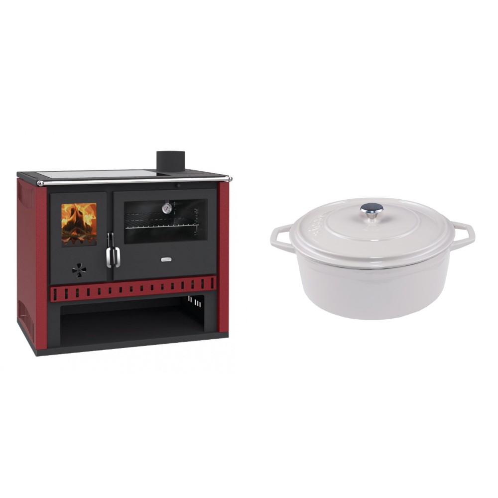 Set Küchenofen / Küchenhexe Prity GT Rot, mit Glaskeramik-Kochfeld, Leistung 15 kW + Gusseisen Topf Tiefer Solagio, Ivory, Ф24