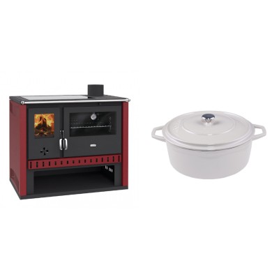 Set Küchenofen / Küchenhexe Prity GT Rot, mit Glaskeramik-Kochfeld, Leistung 15 kW + Gusseisen Topf Tiefer Solagio, Ivory, Ф24 - Kaminofen - Holzofen mit Backfach