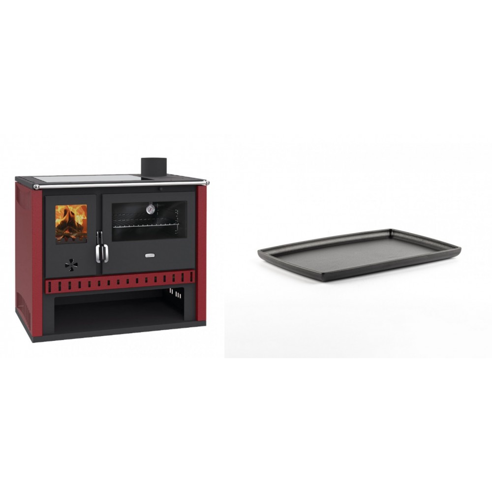 Set Küchenofen / Küchenhexe Prity GT Rot, mit Glaskeramik-Kochfeld, Leistung 15 kW + Rechteckige Servierplatte aus Gusseisen Solagio, 21x31cm | Kaminofen - Holzofen mit Backfach | Kaminofen |