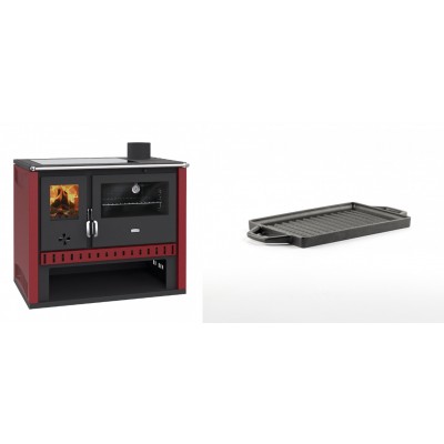 Set Küchenofen / Küchenhexe Prity GT Rot, mit Glaskeramik-Kochfeld, Leistung 15 kW + Mini-Grillplatte aus Gusseisen Solagio, 15.5x22.5cm - Kaminofen - Holzofen mit Backfach