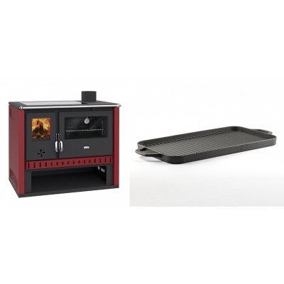 Set Küchenofen / Küchenhexe Prity GT Rot, mit Glaskeramik-Kochfeld, Leistung 15 kW + Große Grillplatte aus Gusseisen Solagio, 25x44cm - Kaminofen - Holzofen mit Backfach