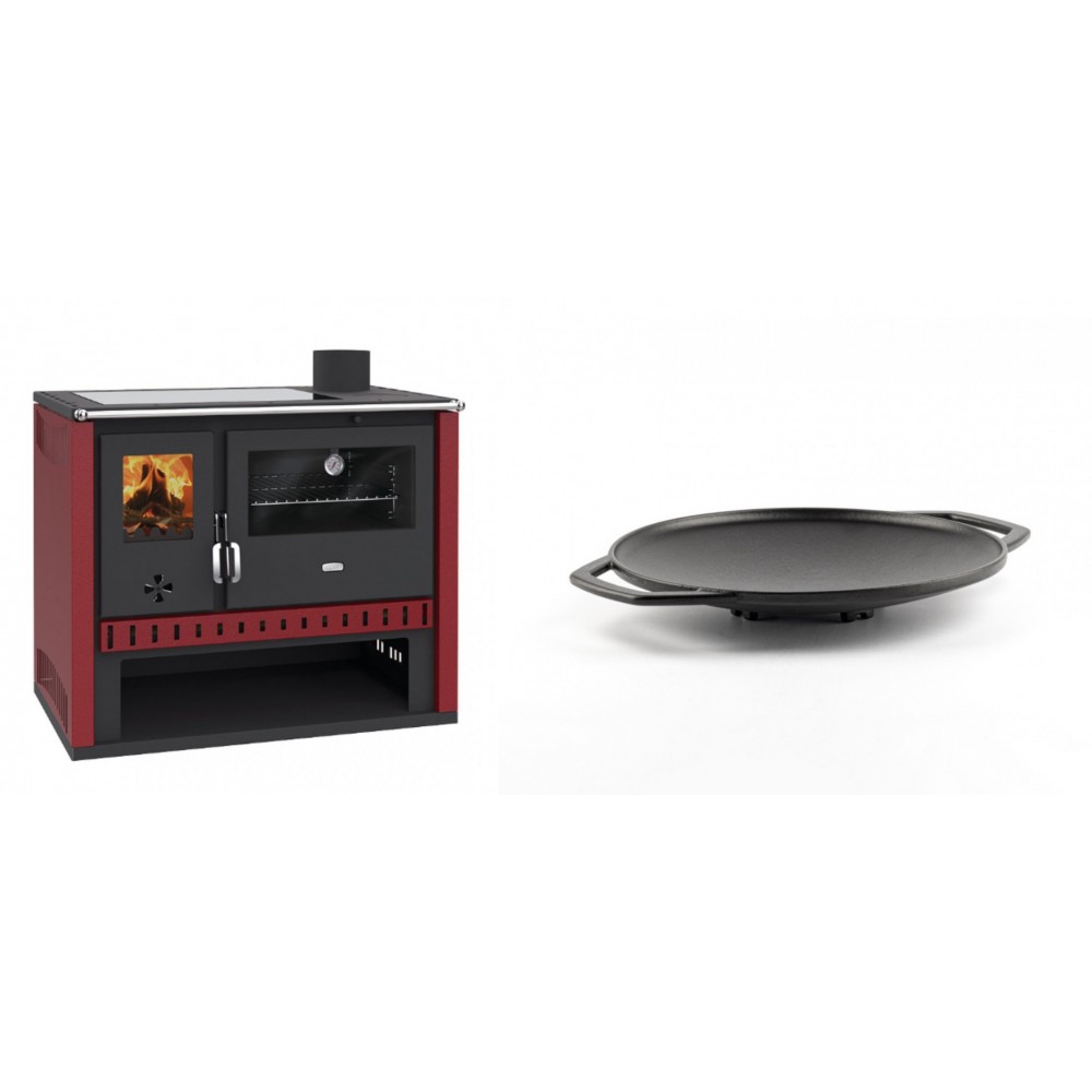 Set Küchenofen / Küchenhexe Prity GT Rot, mit Glaskeramik-Kochfeld, Leistung 15 kW + Backplatte aus Gusseisen Solagio, Ф28cm | Kaminofen - Holzofen mit Backfach | Kaminofen |