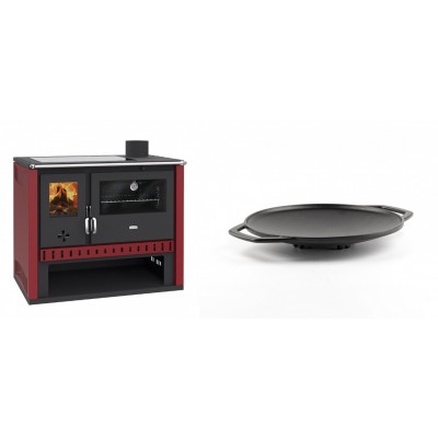 Set Küchenofen / Küchenhexe Prity GT Rot, mit Glaskeramik-Kochfeld, Leistung 15 kW + Backplatte aus Gusseisen Solagio, Ф28cm - Kaminofen - Holzofen mit Backfach