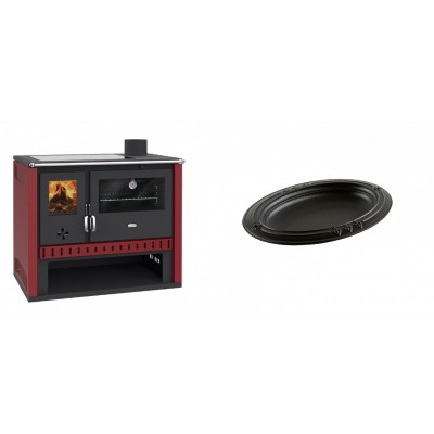 Set Küchenofen / Küchenhexe Prity GT Rot, mit Glaskeramik-Kochfeld, Leistung 15 kW + Gusseiserne auflaufform Solagio oval, 25x33cm - Kaminofen - Holzofen mit Backfach