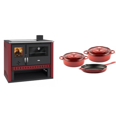Set Küchenofen / Küchenhexe Prity GT Rot, mit Glaskeramik-Kochfeld, Leistung 15 kW + Gusseisen Topf Set aus 3 teilen Solagio, Rubin - Kaminofen - Holzofen mit Backfach