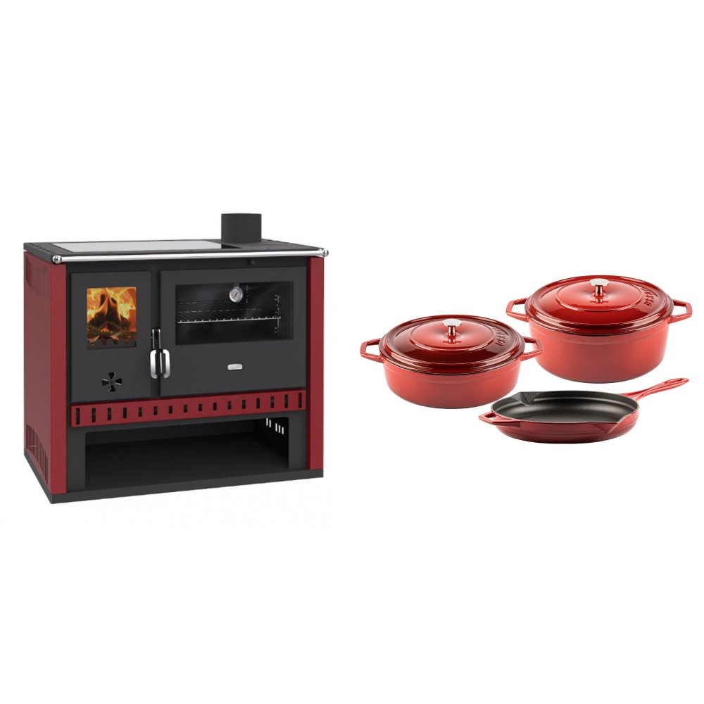 Set Küchenofen / Küchenhexe Prity GT Rot, mit Glaskeramik-Kochfeld, Leistung 15 kW + Gusseisen Topf Set aus 3 teilen Solagio, Rubin | Kaminofen - Holzofen mit Backfach | Kaminofen |