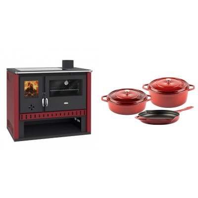 Set Küchenofen / Küchenhexe Prity GT Rot, mit Glaskeramik-Kochfeld, Leistung 15 kW + Gusseisen Topf Set aus 3 teilen Solagio, Rubin - Kaminofen - Holzofen mit Backfach