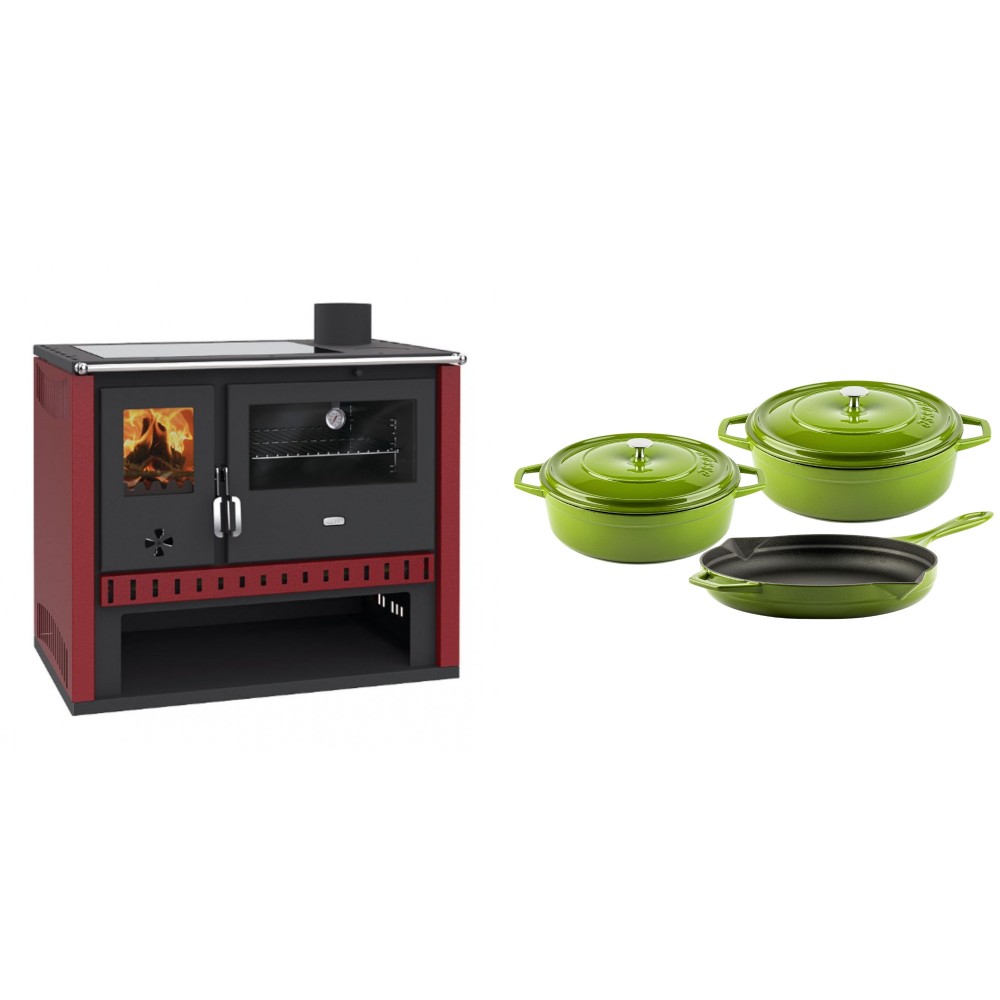 Set Küchenofen / Küchenhexe Prity GT Rot, mit Glaskeramik-Kochfeld, Leistung 15 kW + Gusseisen Topf Set aus 3 teilen Solagio, Bamboo