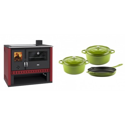 Set Küchenofen / Küchenhexe Prity GT Rot, mit Glaskeramik-Kochfeld, Leistung 15 kW + Gusseisen Topf Set aus 3 teilen Solagio, Bamboo - Kaminofen - Holzofen mit Backfach