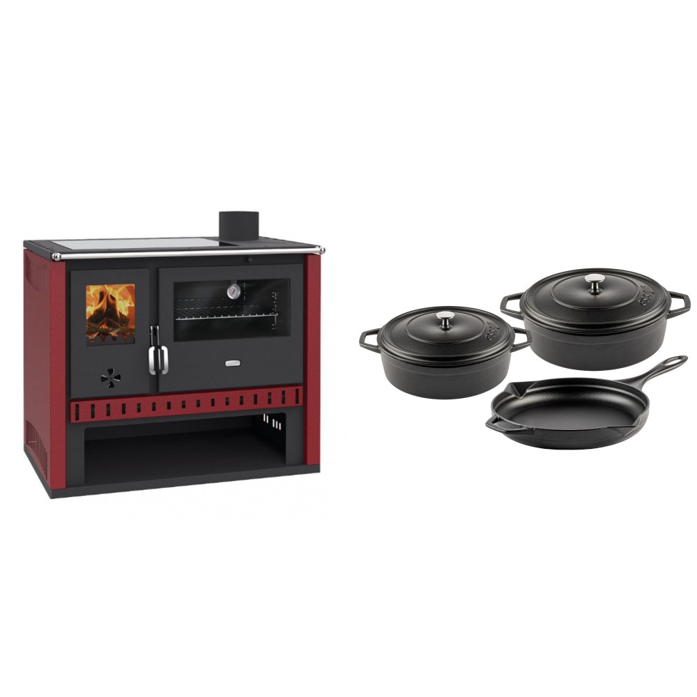 Set Küchenofen / Küchenhexe Prity GT Rot, mit Glaskeramik-Kochfeld, Leistung 15 kW + Gusseisen Topf Set aus 3 teilen Solagio, Black Onyx