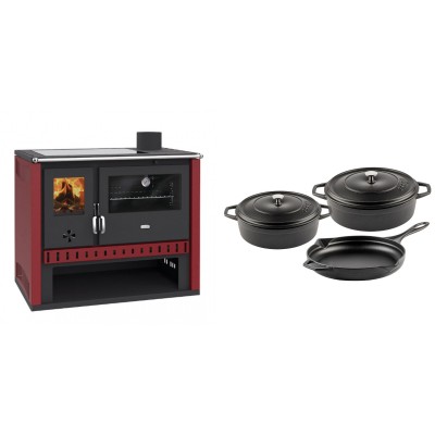 Set Küchenofen / Küchenhexe Prity GT Rot, mit Glaskeramik-Kochfeld, Leistung 15 kW + Gusseisen Topf Set aus 3 teilen Solagio, Black Onyx - Kaminofen - Holzofen mit Backfach