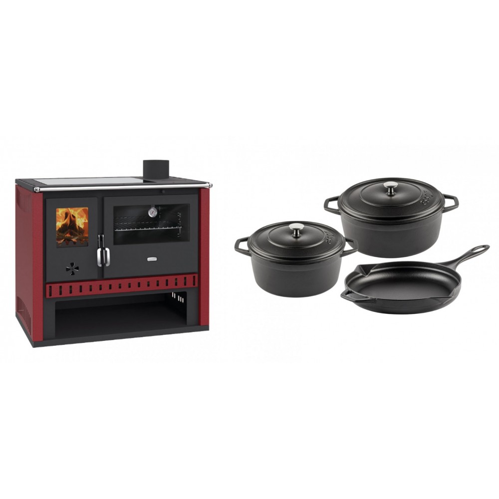 Set Küchenofen / Küchenhexe Prity GT Rot, mit Glaskeramik-Kochfeld, Leistung 15 kW + Gusseisen Topf Set aus 3 teilen Solagio, Black Onyx | Kaminofen - Holzofen mit Backfach | Kaminofen |