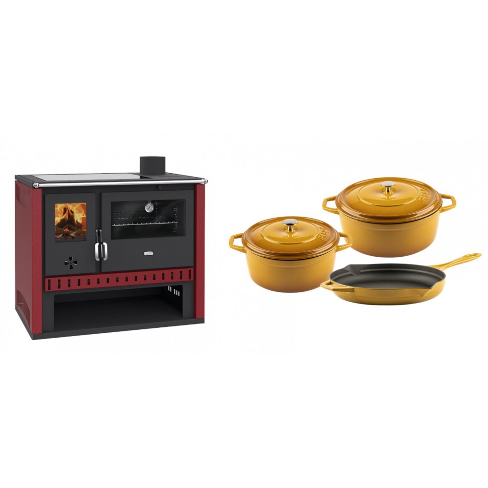 Set Küchenofen / Küchenhexe Prity GT Rot, mit Glaskeramik-Kochfeld, Leistung 15 kW + Gusseisen Topf Set aus 3 teilen Solagio, Dijon | Kaminofen - Holzofen mit Backfach | Kaminofen |