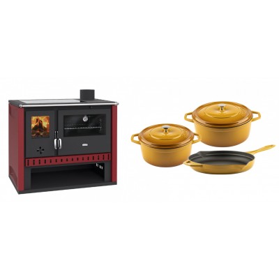 Set Küchenofen / Küchenhexe Prity GT Rot, mit Glaskeramik-Kochfeld, Leistung 15 kW + Gusseisen Topf Set aus 3 teilen Solagio, Dijon - Kaminofen - Holzofen mit Backfach