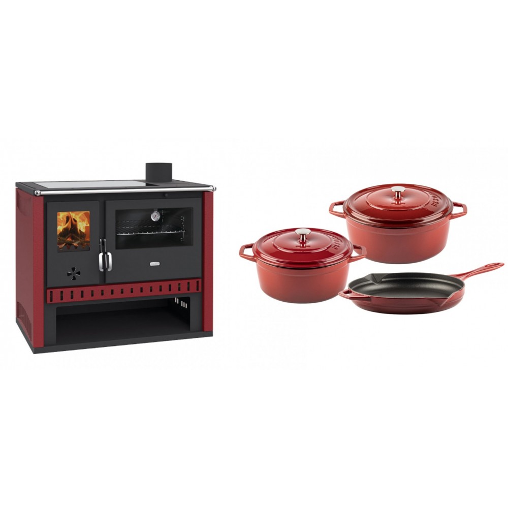 Set Küchenofen / Küchenhexe Prity GT Rot, mit Glaskeramik-Kochfeld, Leistung 15 kW + Gusseisen Topf Set aus 3 teilen Solagio, Rubin