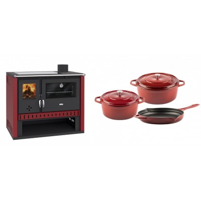 Set Küchenofen / Küchenhexe Prity GT Rot, mit Glaskeramik-Kochfeld, Leistung 15 kW + Gusseisen Topf Set aus 3 teilen Solagio, Rubin - Kaminofen - Holzofen mit Backfach