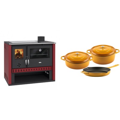 Set Küchenofen / Küchenhexe Prity GT Rot, mit Glaskeramik-Kochfeld, Leistung 15 kW + Gusseisen Topf Set aus 3 teilen Solagio, Dijon - Kaminofen - Holzofen mit Backfach