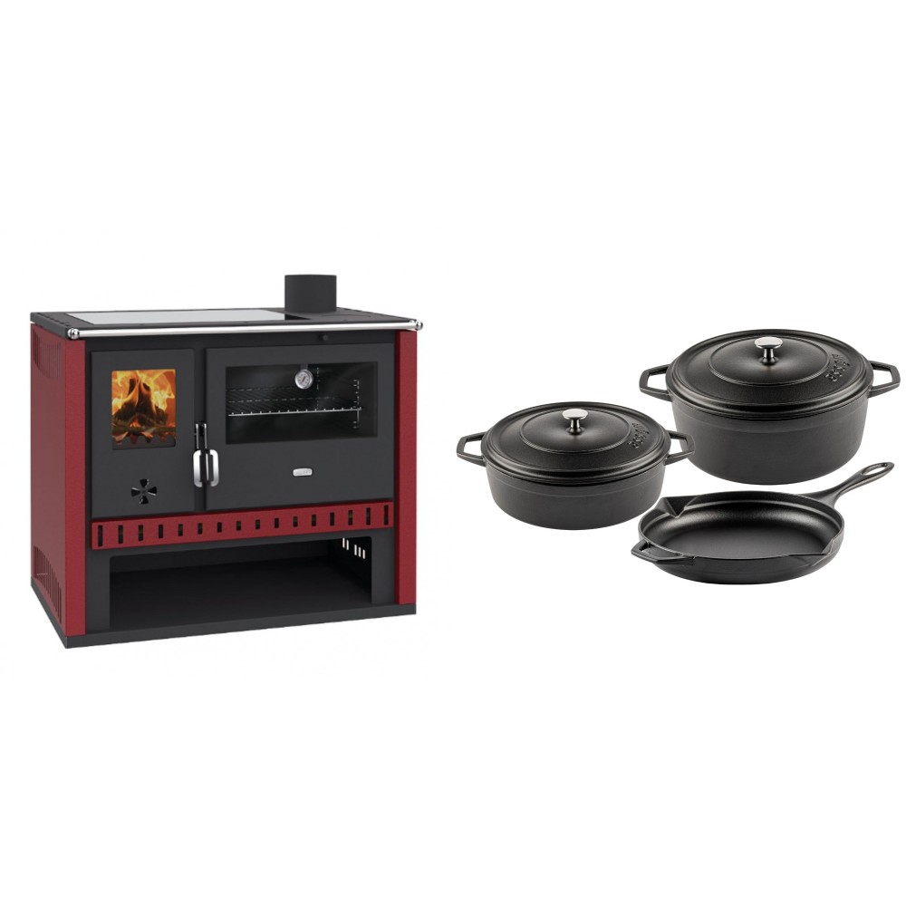 Set Küchenofen / Küchenhexe Prity GT Rot, mit Glaskeramik-Kochfeld, Leistung 15 kW + Gusseisen Topf Set aus 3 teilen Solagio, Black Onyx | Kaminofen - Holzofen mit Backfach | Kaminofen |